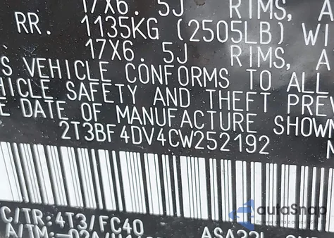 2012 Toyota Rav4 z USA, uszkodzony, nr VIN 2T3BF4DV4CW252192